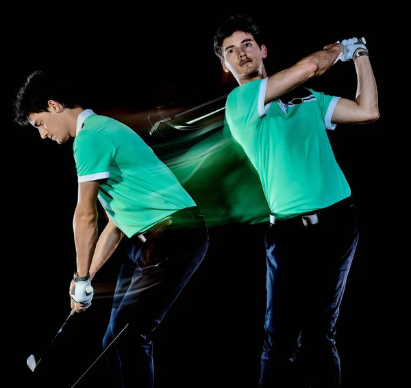 Golfer Mann Golf Golfschwung isoliert schwarzer Hintergrund mehrfache Belichtung — Stockfoto