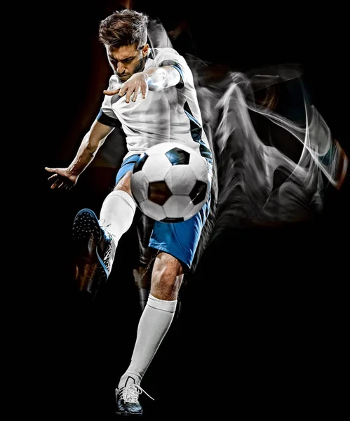 Kavkazský fotbalista muž izolované černé pozadí světlo malba — Stock fotografie