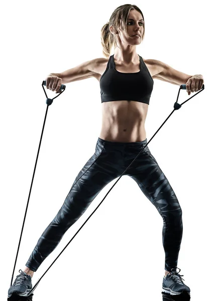 Woman pilates fitness elastic resistant band exercises silhouett — Stock Photo, Image