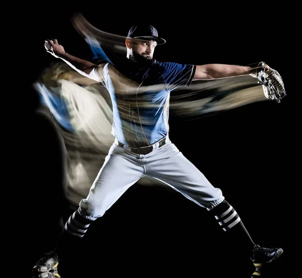Honkbal speler man geïsoleerd zwarte achtergrond licht schilderen — Stockfoto