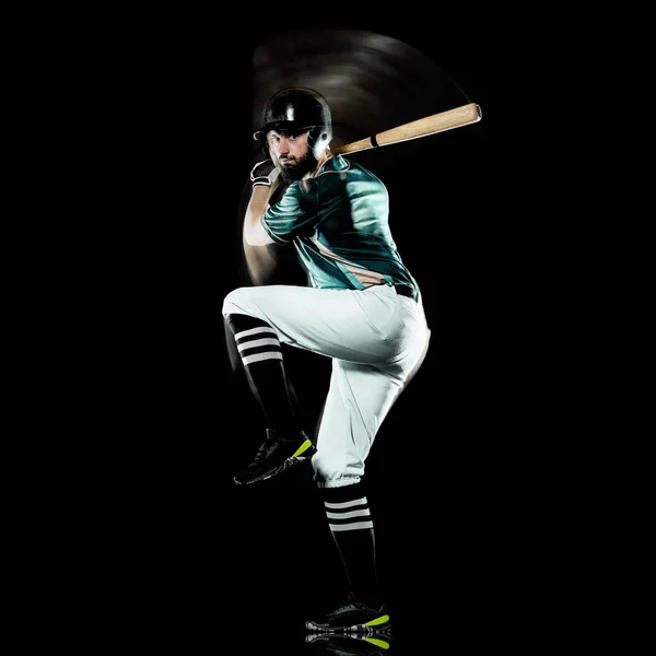 Jugador de béisbol hombre aislado negro fondo luz pintura —  Fotos de Stock