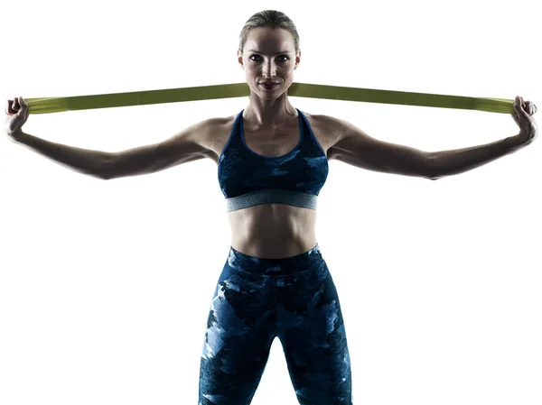 Kadın fitness elastik excercises siluet — Stok fotoğraf