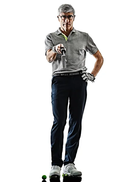 Hombre mayor golfista golfing sombra silueta aislado fondo blanco — Foto de Stock