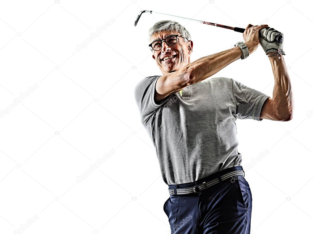 senior man golfer golfing  shadow silhouette isolated white background
