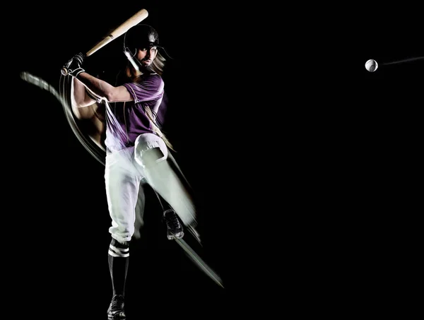 Honkbal speler man geïsoleerd zwarte achtergrond licht schilderen — Stockfoto