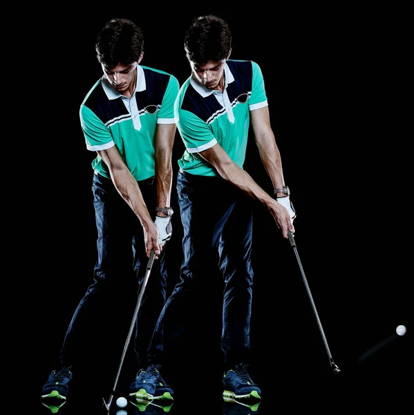 Golfista muž Golf golf swing izolované černým pozadím vícenásobné expozici — Stock fotografie