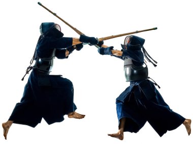Kendo dövüş sanatları savaşçı izole beyaz bacground siluet 