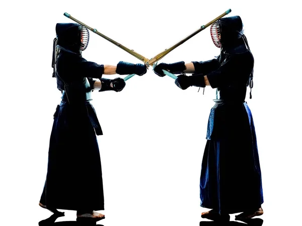 Kendo martial arts fighters silhouette isolated white bacground — Stock Photo, Image