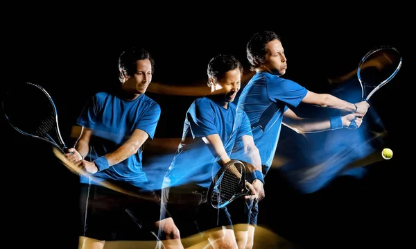 Tennis player man isolated black background light painting speed motion — Stock Photo, Image