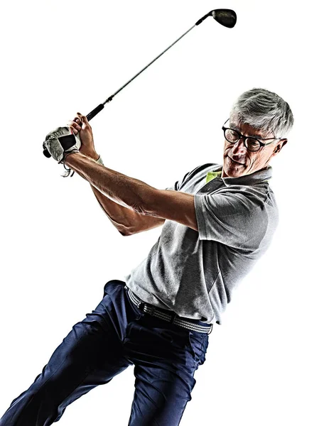 Starszy człowiek golfista golfa cień sylwetka na białym tle biały tył — Zdjęcie stockowe