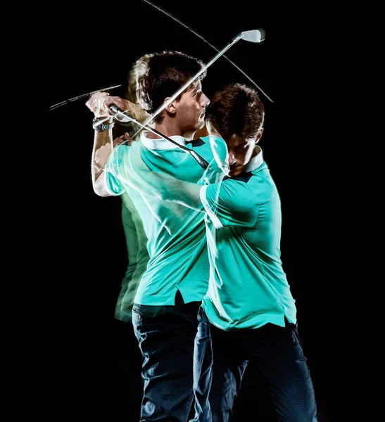 Golfare man Golf golf swing isolerad svart bakgrund mångfaldig exponering — Stockfoto