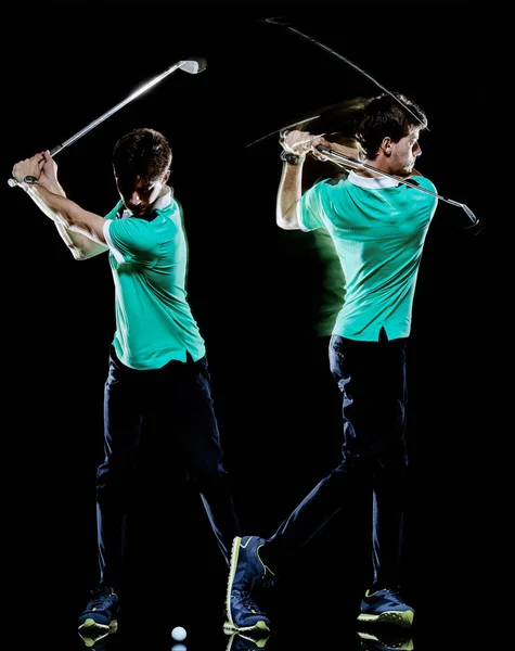 Golfer man golfing golf swing isolated black background multiple exposure — Stock Photo, Image