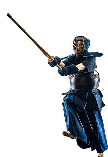 Kendo Martial Arts Kämpfer Frau Silhouette isoliert weißen Speck — Stockfoto