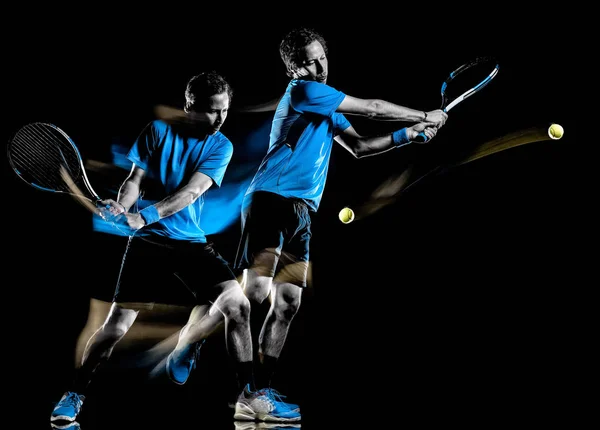 Tennis player man isolated black background light painting speed motion — Stock Photo, Image