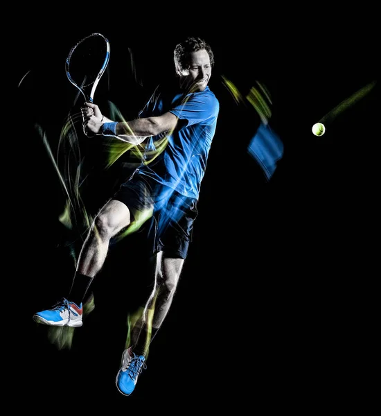 Tennis speler man geïsoleerd zwarte achtergrond licht snelheid beweging schilderen — Stockfoto