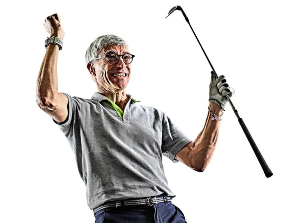 Starszy człowiek golfista golfa cień sylwetka na białym tle biały tył — Zdjęcie stockowe