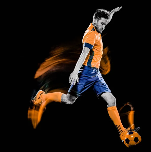 Kaukasischen Fußballer Mann isoliert schwarzen Hintergrund Licht Malerei — Stockfoto