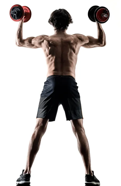 Человек фитнес weitghs тренировки упражнения изолированный силуэт белый — стоковое фото