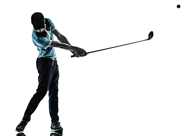 Ο άνθρωπος γκολφ παίχτης του γκολφ γκολφ απομονωμένες σκιά σιλουέτα λευκό φόντο — Φωτογραφία Αρχείου