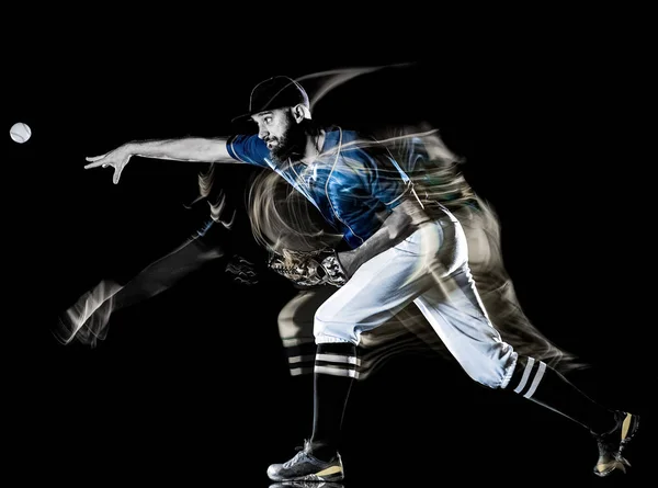 Baseball spelare man isolerade svarta bakgrundsljus målning — Stockfoto