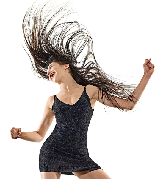 Young woman disco dancer dancing isolated white background happy fun — Stock Photo, Image