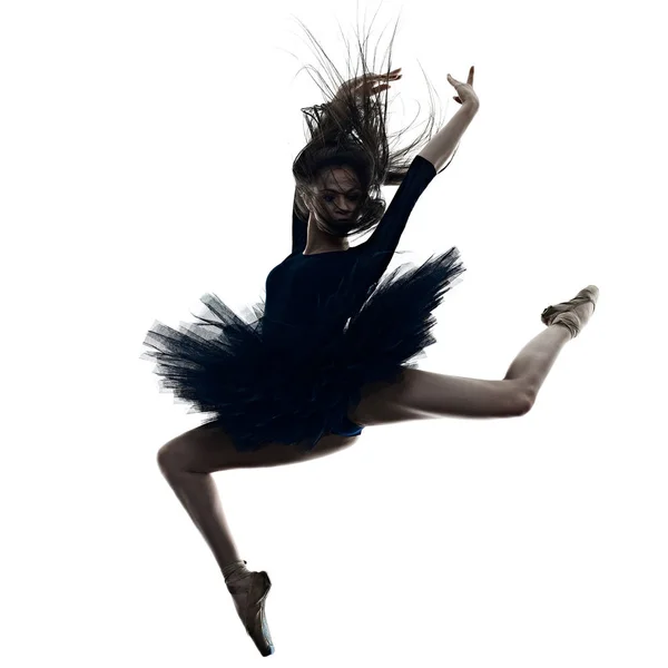Νεαρή γυναίκα μπαλαρίνα χορεύτρια μπαλέτο χορεύοντας απομονωμένη λευκό φόντο σιλουέτα — Φωτογραφία Αρχείου