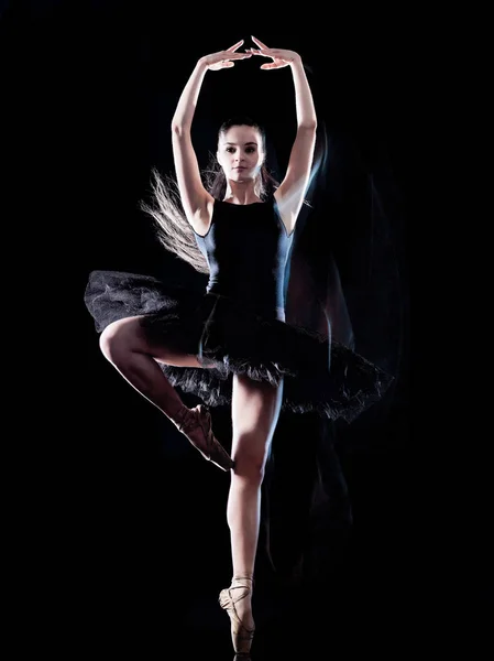Młoda kobieta primabalerina tancerz taniec na białym tle czarne tło światło malarstwo — Zdjęcie stockowe