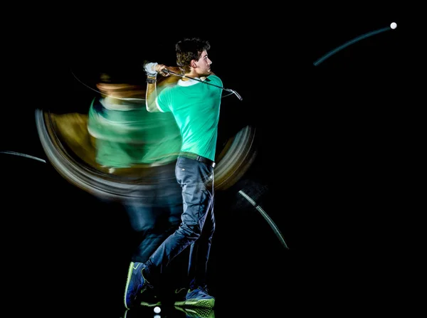 Golfista homem golfe balanço isolado fundo preto exposição múltipla — Fotografia de Stock