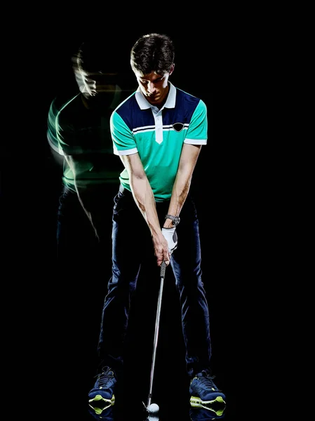 Golfer man golfen golf swing geïsoleerde zwarte achtergrond herhaalde blootstelling — Stockfoto