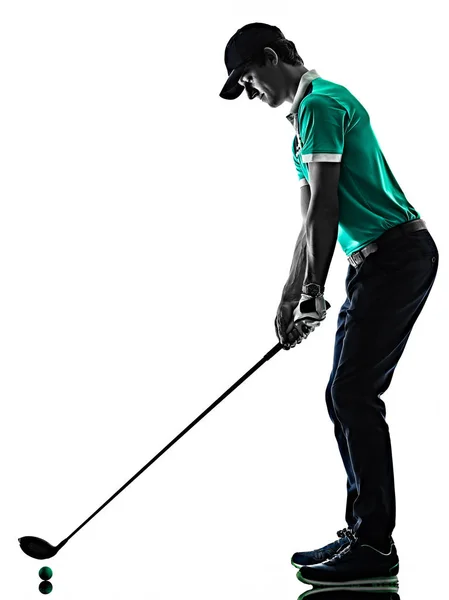 Ο άνθρωπος γκολφ παίχτης του γκολφ γκολφ απομονωμένες σκιά σιλουέτα λευκό φόντο — Φωτογραφία Αρχείου