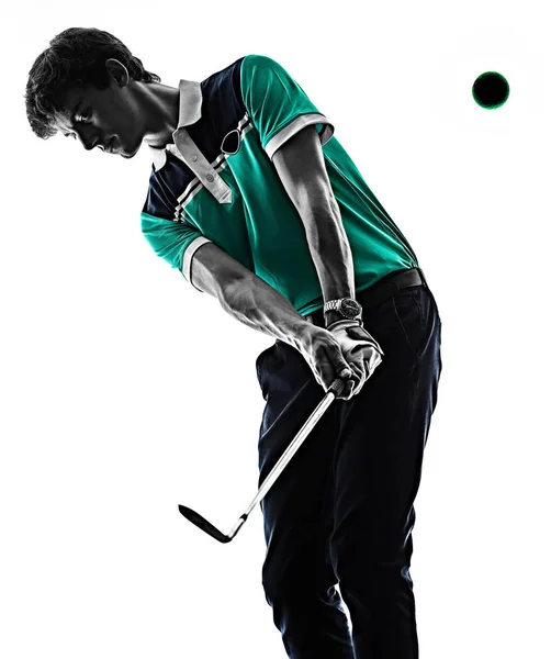 Mann Golf Golfer Golf isoliert Schatten Silhouette weißer Hintergrund — Stockfoto