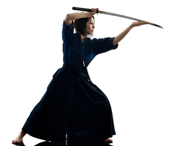 Frau laido katori shinto ryu isoliert Schatten Silhouette weißer Hintergrund — Stockfoto