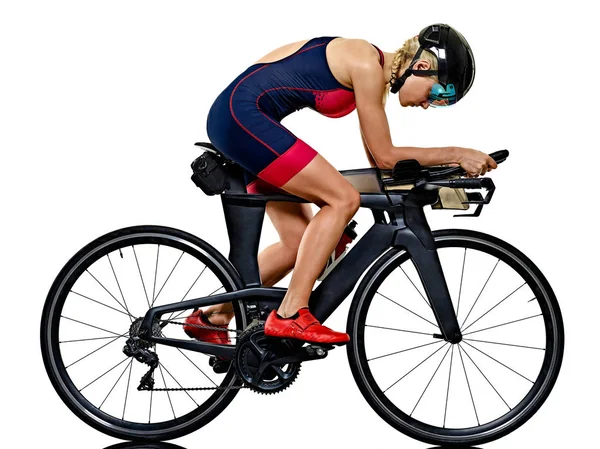 Woman triathlon triathlete ironman athlete  cyclist cycling isolated white background — Stock Photo, Image