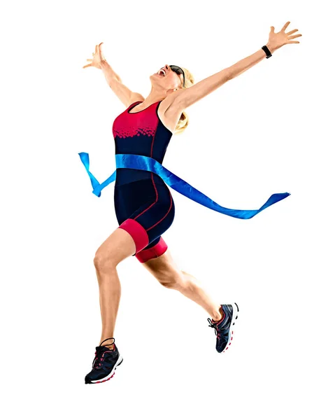 Женщина триатлон триатлон железный бегун работает изолированный белый фон — стоковое фото