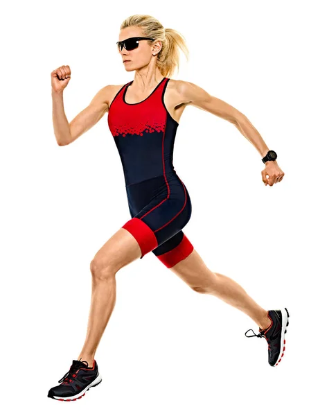 Mujer triatlón triatleta ironman corredor corriendo aislado fondo blanco — Foto de Stock