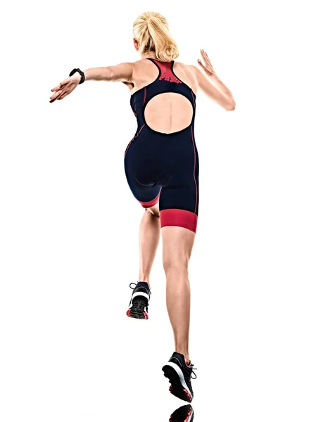 孤立した白の背景を実行している女性トライアスロントライアスロン選手アイアンマンランナー — ストック写真