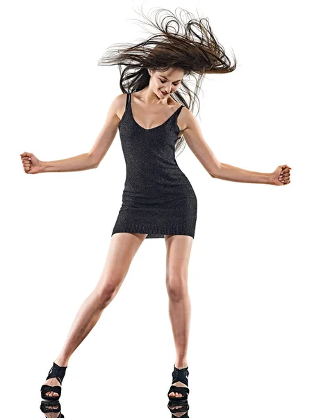 Young woman disco dancer dancing isolated white background happy fun — Stock Photo, Image