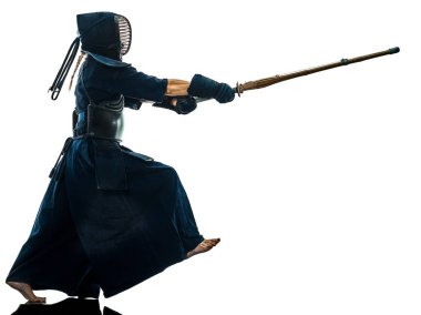 Kendo dövüş sanatları savaşçı kadın izole siluet beyaz bacg