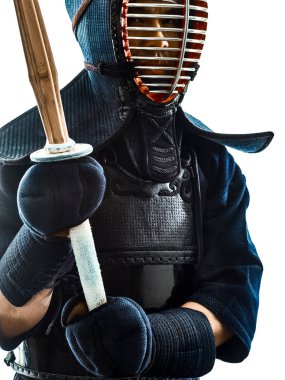 Kendo dövüş sanatları savaşçı adam izole siluet beyaz bacgro