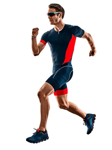 Triatlonista triatlonista biegający sylwetka izolowane białe tło — Zdjęcie stockowe