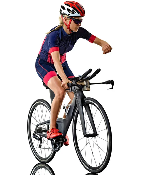 Mujer triatlón triatleta ironman atleta ciclista ciclismo aislado fondo blanco — Foto de Stock