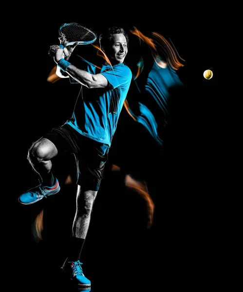 Tennis spelare man isolerade svarta bakgrundsljus målning hastighet motion — Stockfoto