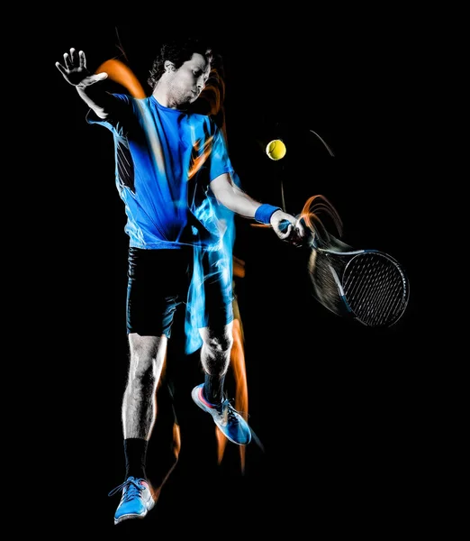 Tennis player man isolated black background light painting speed motion — Stock Photo, Image