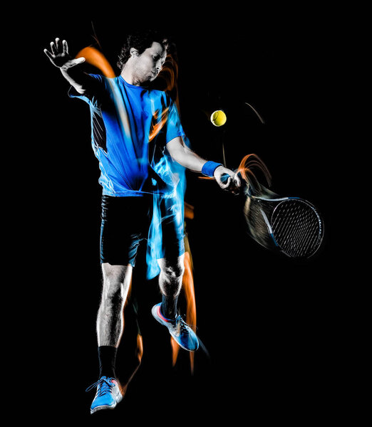 tennis player man isolated black background light painting speed motion