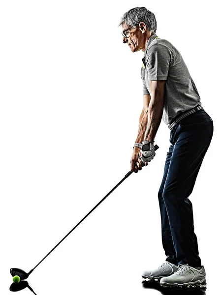 Senior Mann Golfer Golf Schatten Silhouette isoliert weiß zurück — Stockfoto