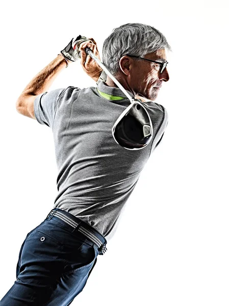 Ανώτερος άνθρωπος γκολφ γκολφ σκιά σιλουέτα απομονωμένο πίσω λευκό — Φωτογραφία Αρχείου