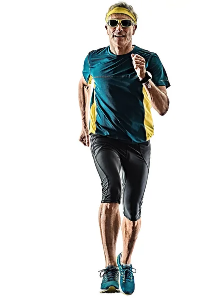 Starší muž běžec běžkyně, souvisíc s obrysy osamělé bílé pozadí — Stock fotografie
