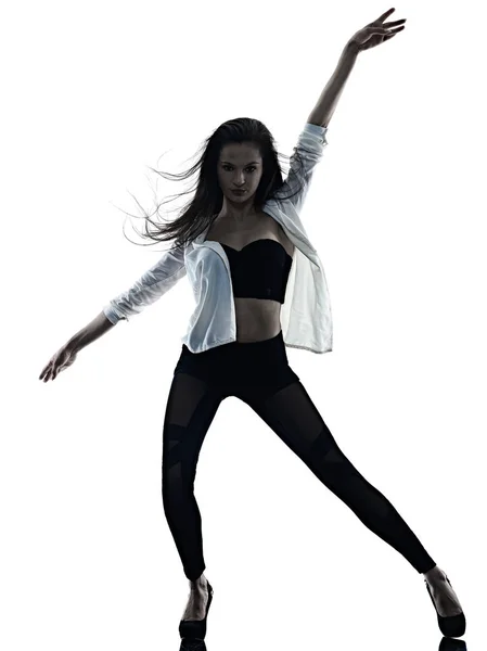 Mujer joven bailarina de ballet moderna bailando aislado fondo blanco silueta sombra —  Fotos de Stock