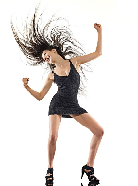 Young woman disco dancer dancing isolated white background happy fun — Stock Photo, Image