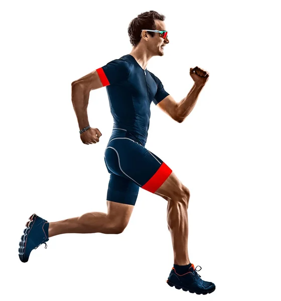 Triathlet Triathlonläufer läuft Silhouette isoliert weißen Hintergrund — Stockfoto